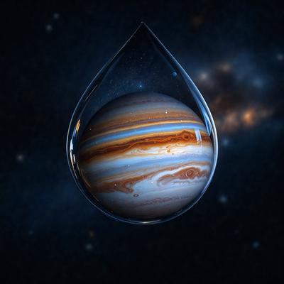The primary subject of the image is a glass globe containing a model of the planet Jupiter. The setting is a dark, starry sky, which serves as the backdrop for the globe. The visual style is a combination of photo and digital art, creating a realistic yet artistic representation of the planet. The colors and mood of the image are predominantly dark and moody, with the starry sky and the glass globe adding a sense of depth and intrigue to the scene.